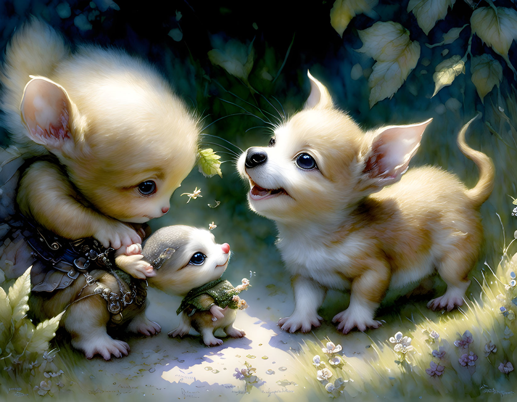 Fantasy-styled puppies playing in lush garden setting