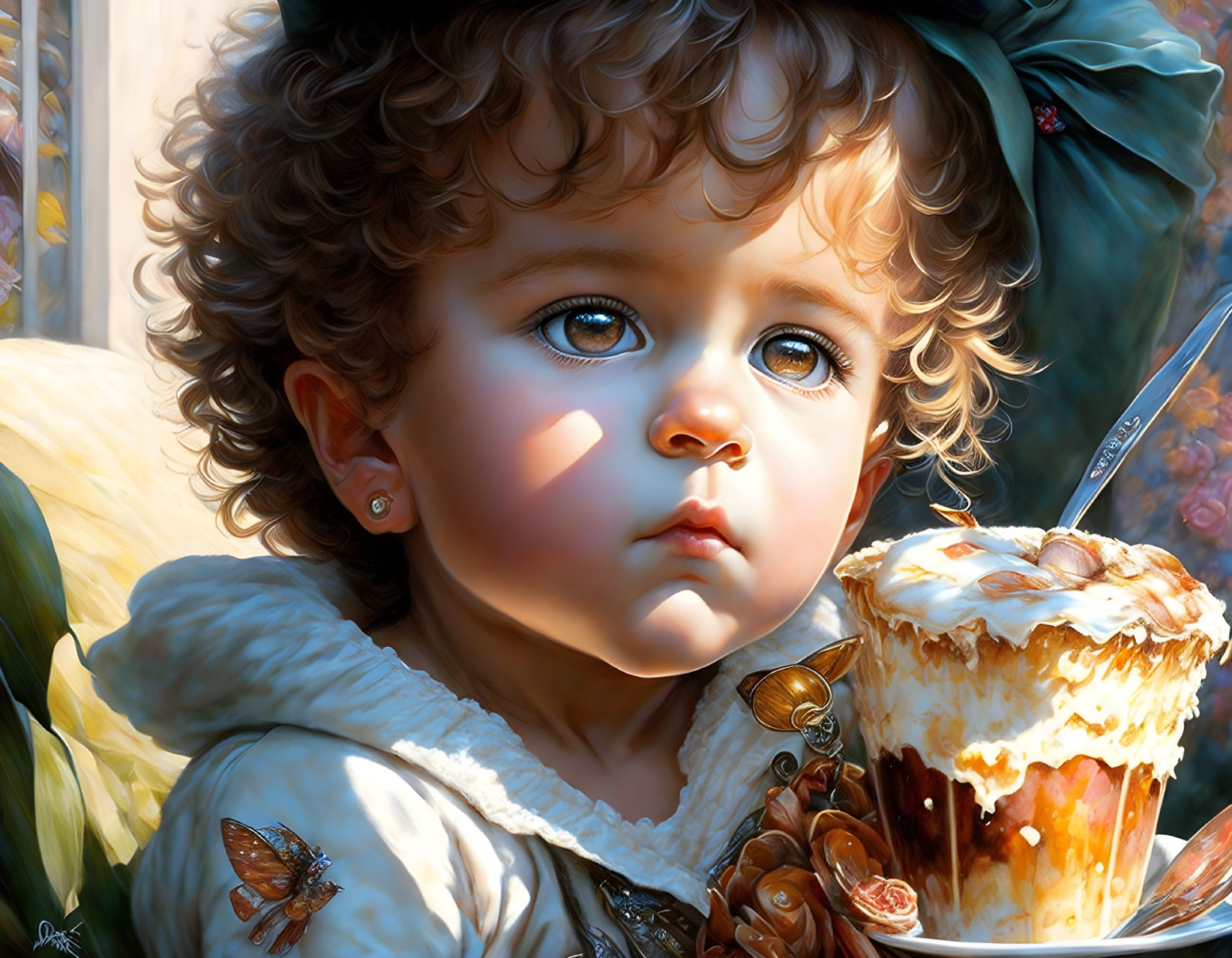 Detailed digital painting of toddler with curly hair and blue eyes gazing at muffin with spoon