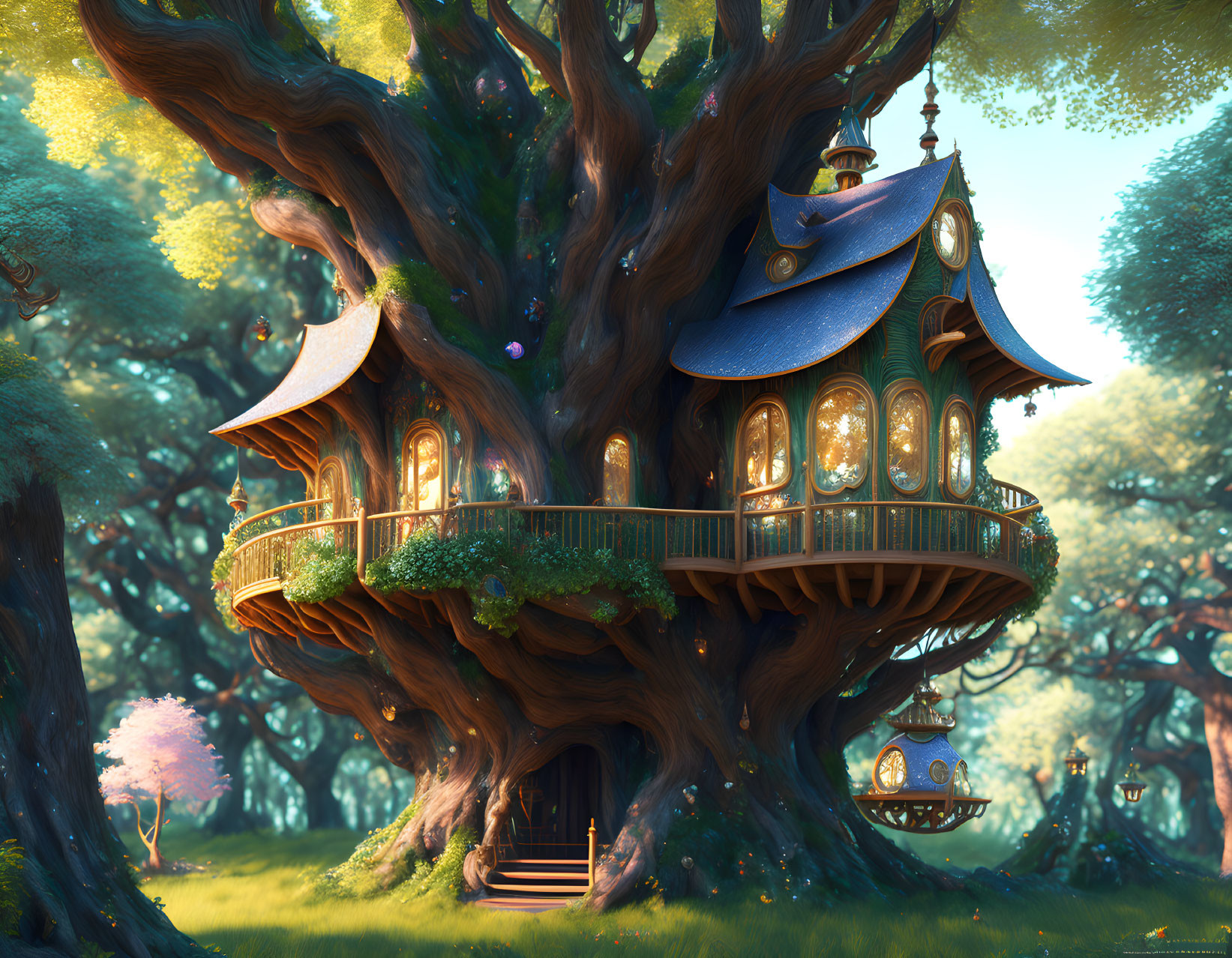 Curved roof treehouse in ancient tree amidst lush forest