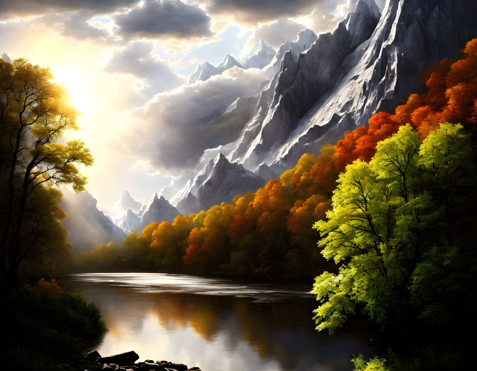 Tranquil river in vibrant autumn forest with snowy mountains