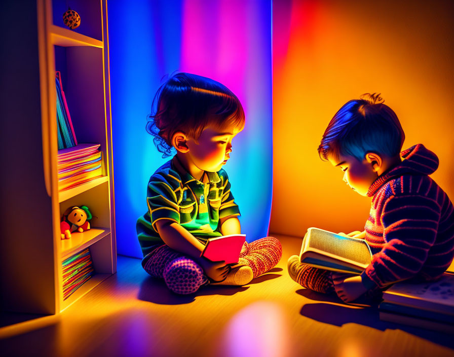 Children reading books under colorful ambient lighting with shelf and toys in background