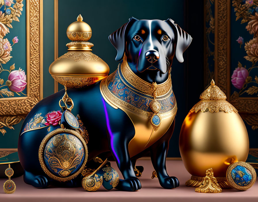 Stylized black dog with golden jewelry in ornate setting.