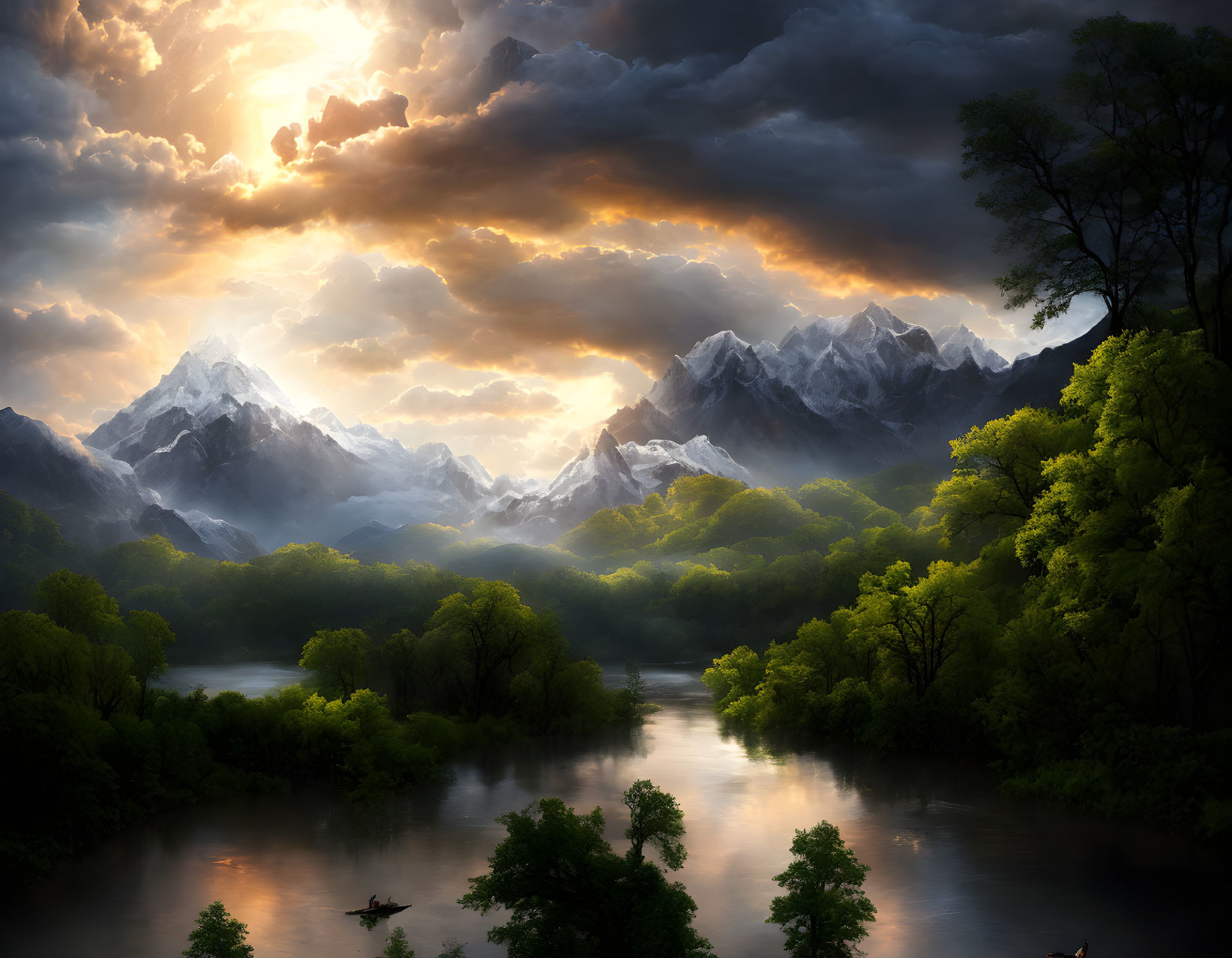 Scenic sunset over river with boat, forests, mountains