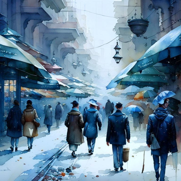 Snowy Street Scene with People in Coats and Umbrellas in Blue-Toned Watercolor Style