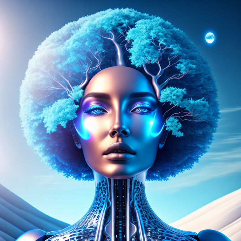 Surreal digital art: Female figure with tree-like hair in fantasy setting