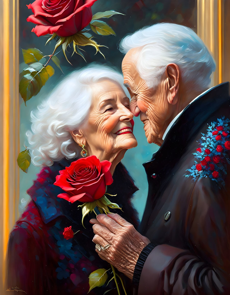 Elderly Couple Gazing Affectionately with Red Roses