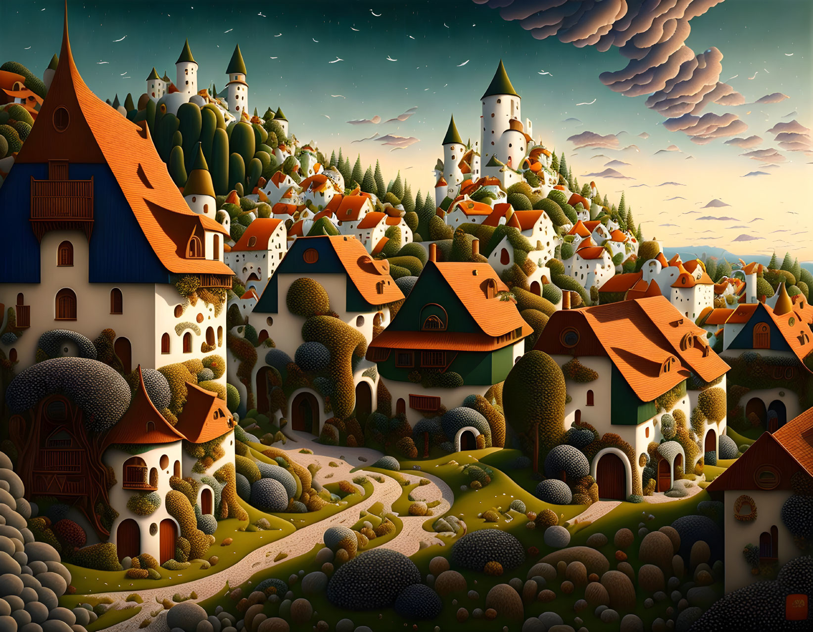 Whimsical village landscape with assorted trees and winding paths