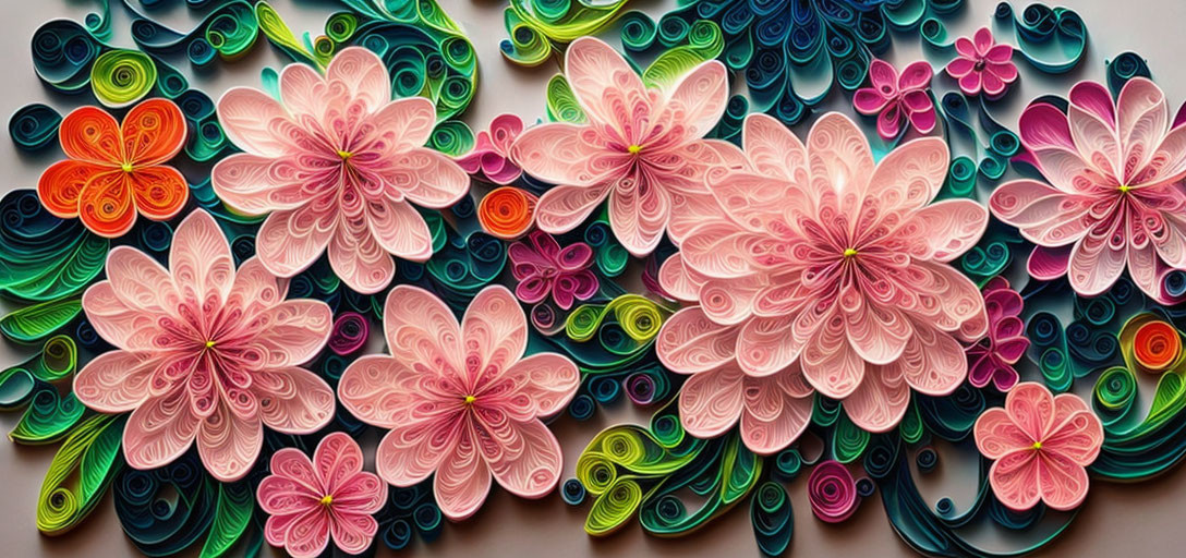 Vibrant Quilled Paper Flowers in Pink, Orange, Green & Blue