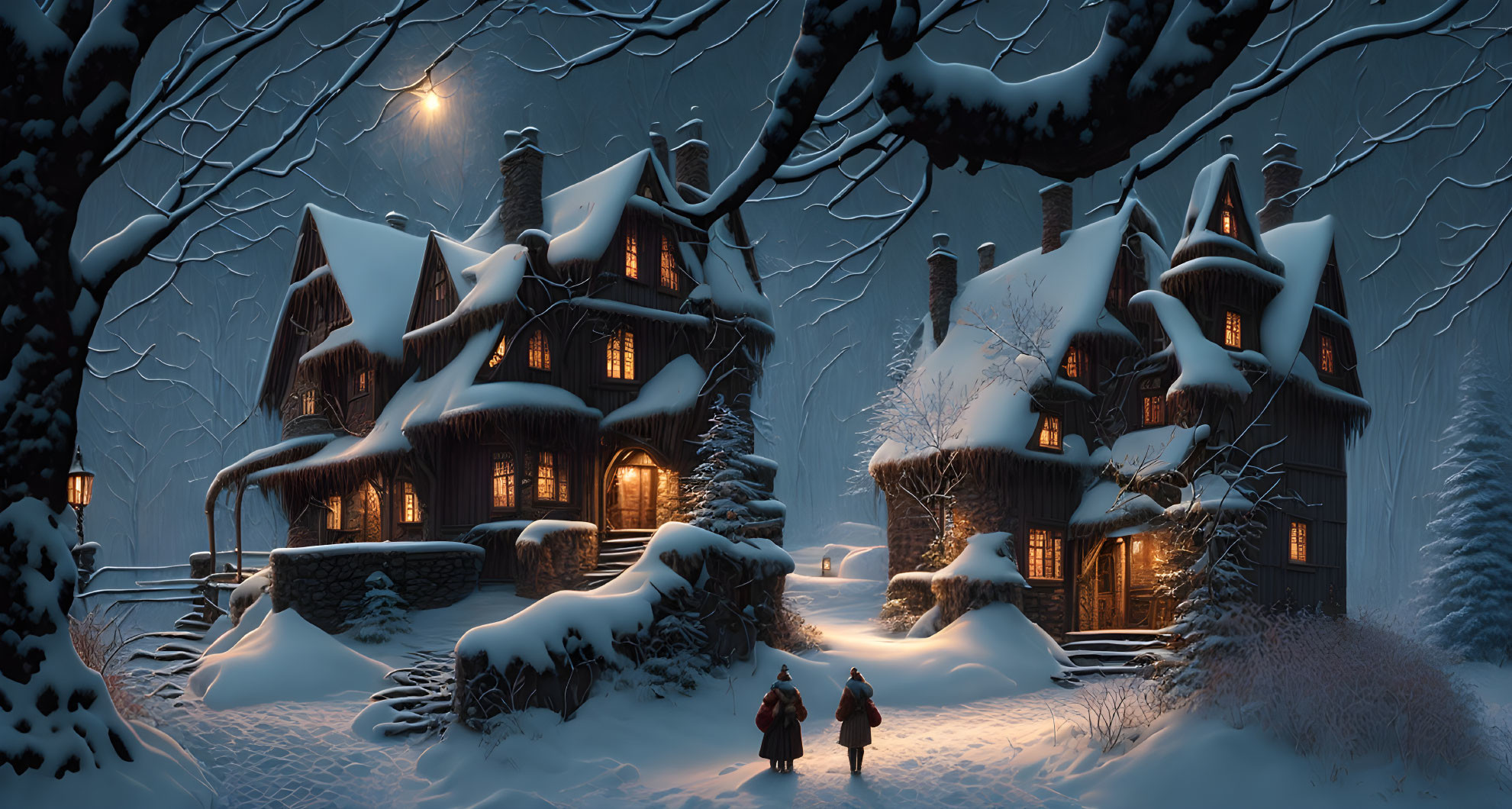 Snow-covered cottage with warm glowing windows under night sky