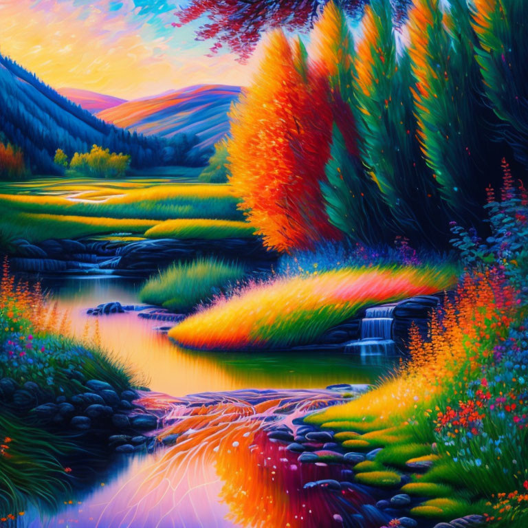 Colorful painting of a serene river with lush foliage and waterfall