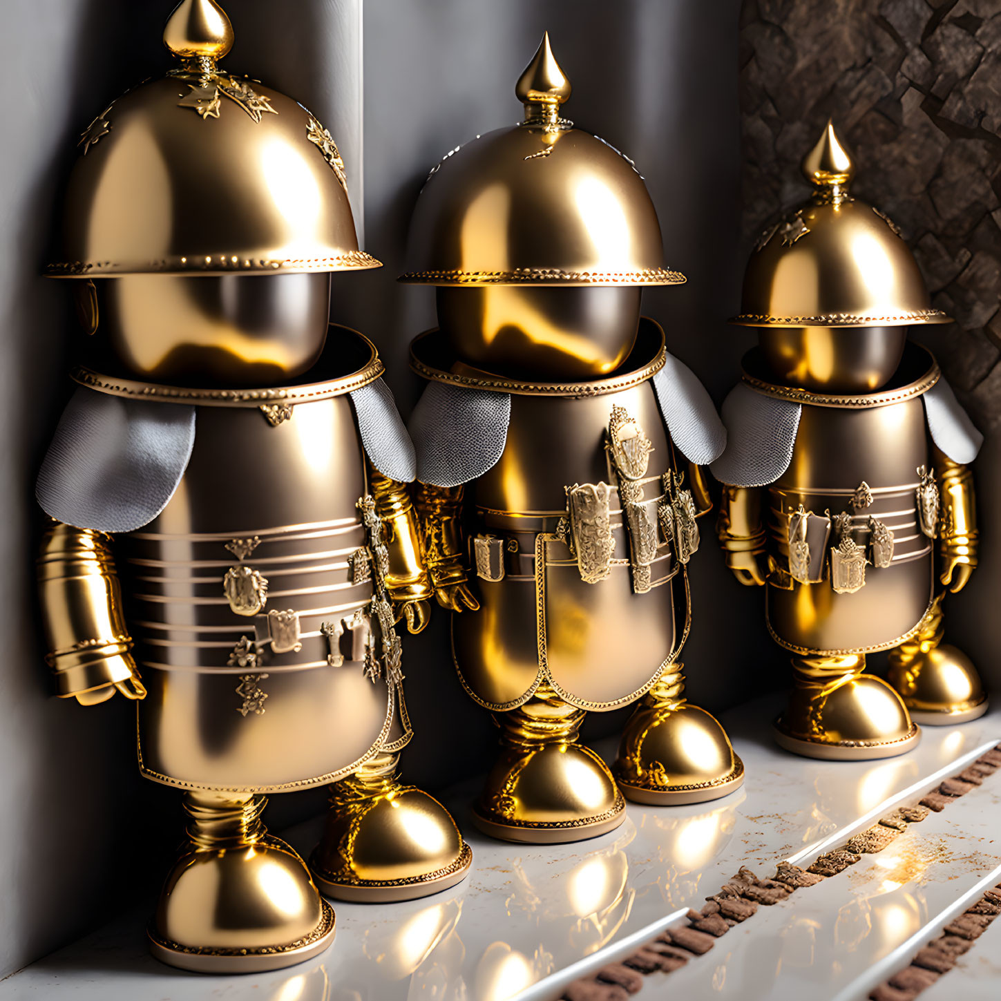 Four Decorative Knight Armors in Gold and Silver Hues Against Textured Wall