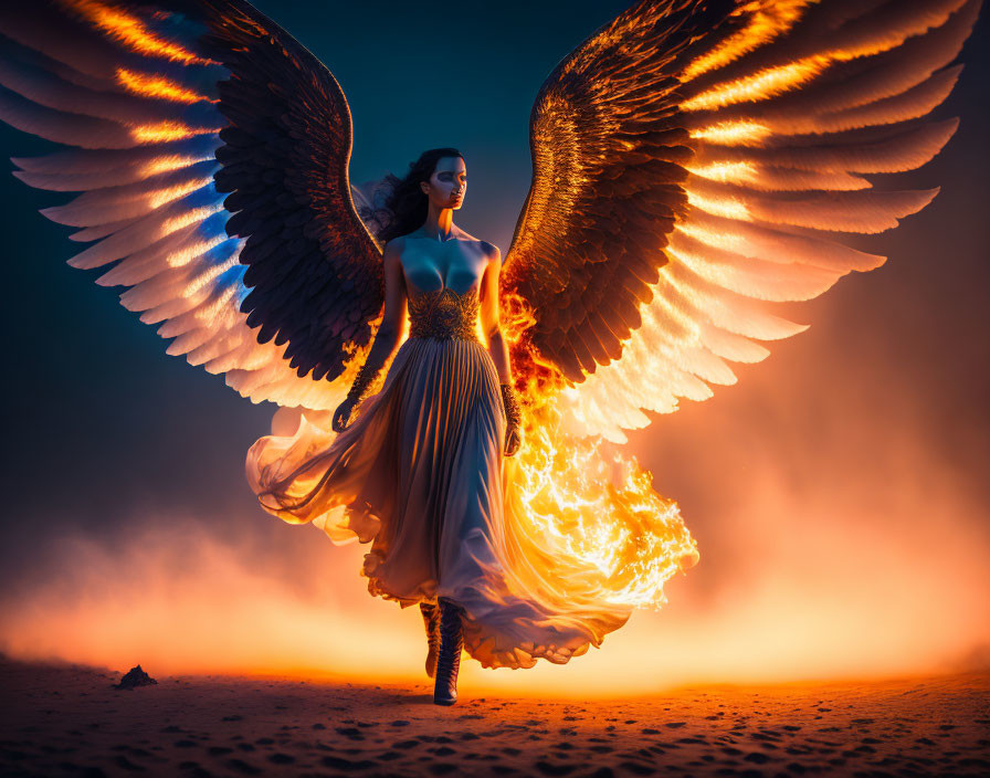 Fiery-winged woman in dramatic pose against twilight backdrop