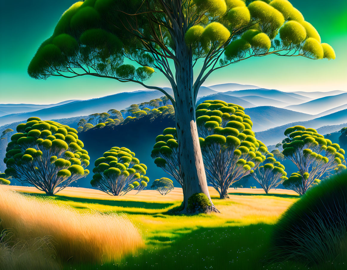 Colorful landscape with stylized green trees on rolling hills under blue sky