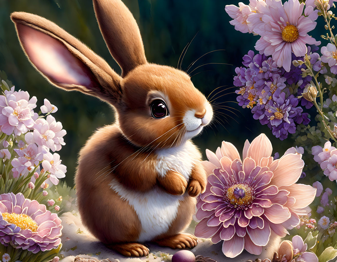 Detailed Illustration: Brown Rabbit Amid Pink and White Flowers with Soft Lighting