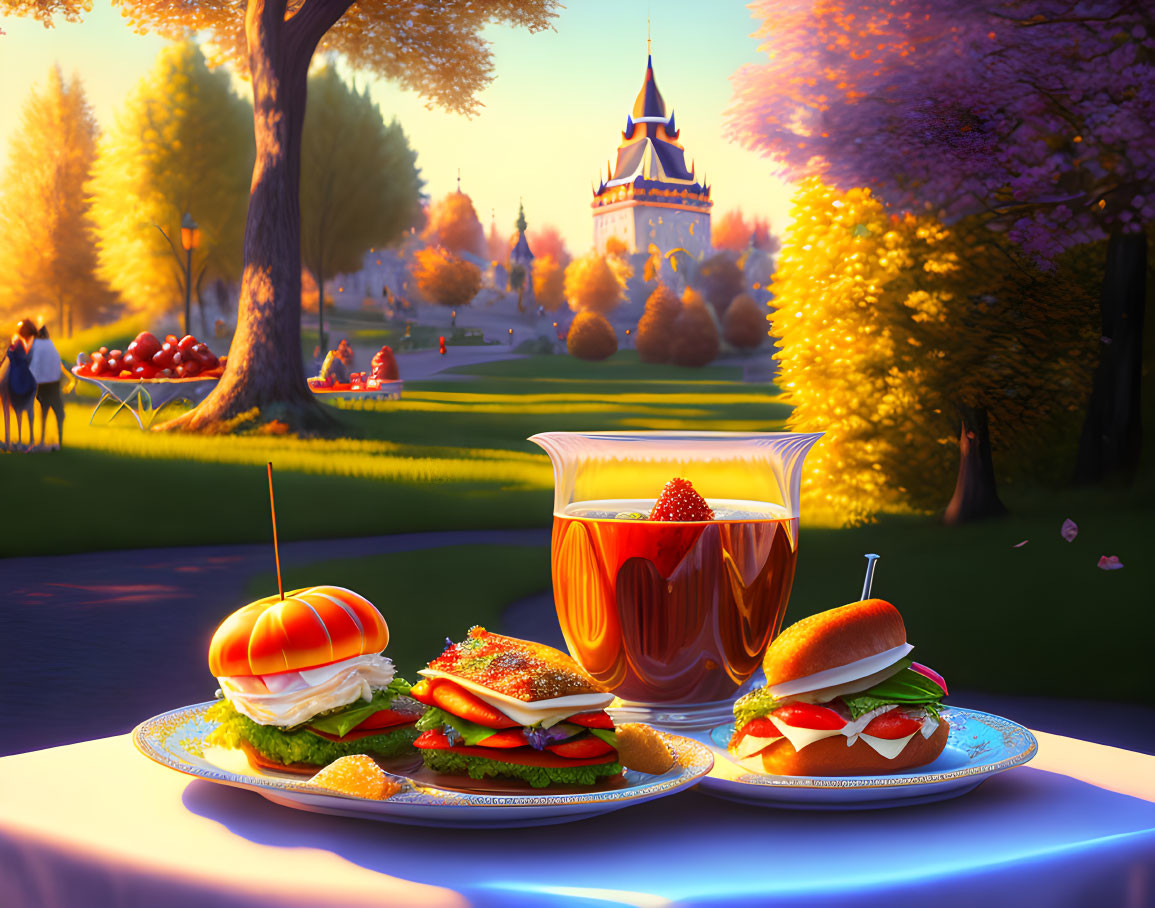 Colorful picnic spread near whimsical castle in sunny park