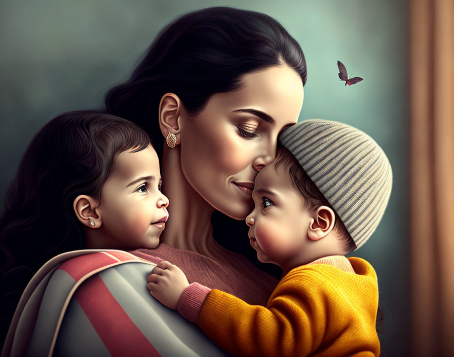 Illustration of woman embracing two children with butterfly.