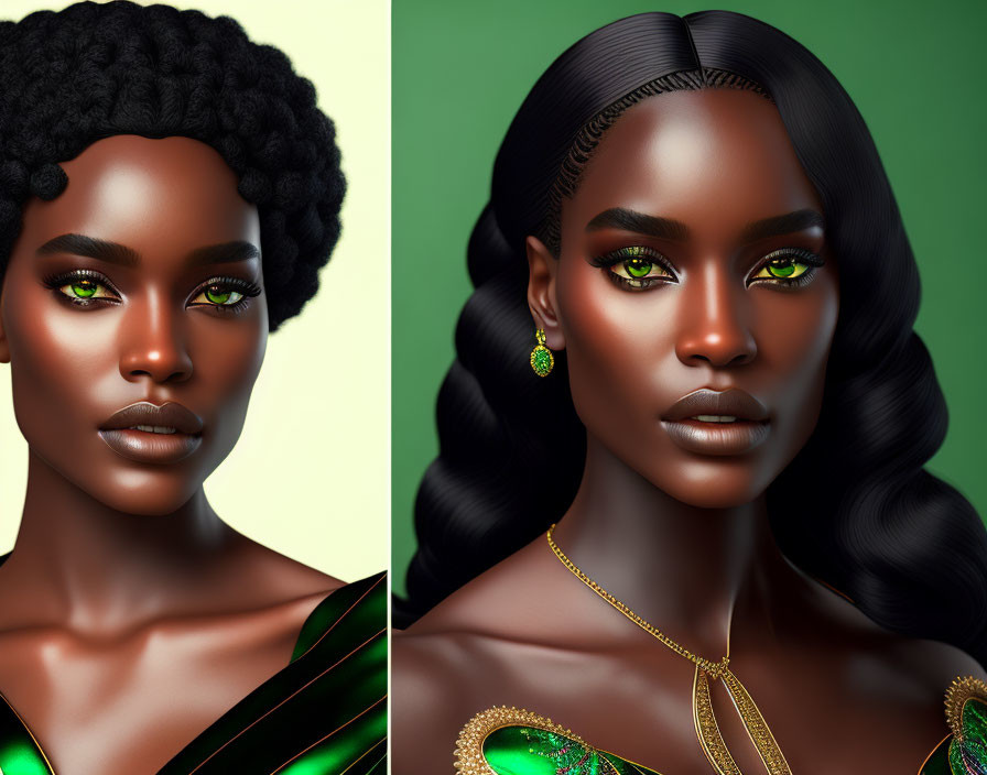 Portraits of woman with green eyes, dark skin, curly and sleek hair, adorned with gold jewelry