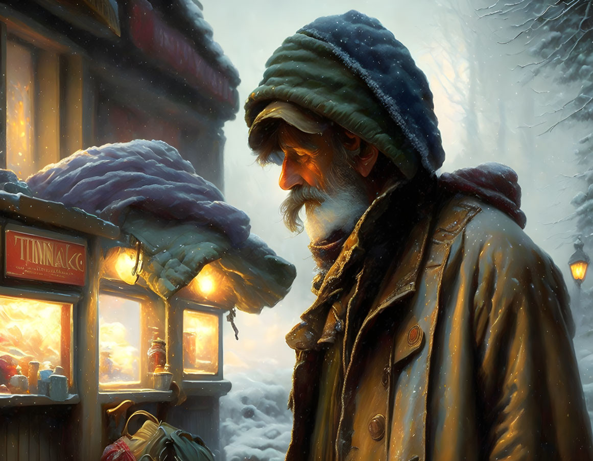 Elderly Man in Winter Clothing Contemplates Snowy Street Stall