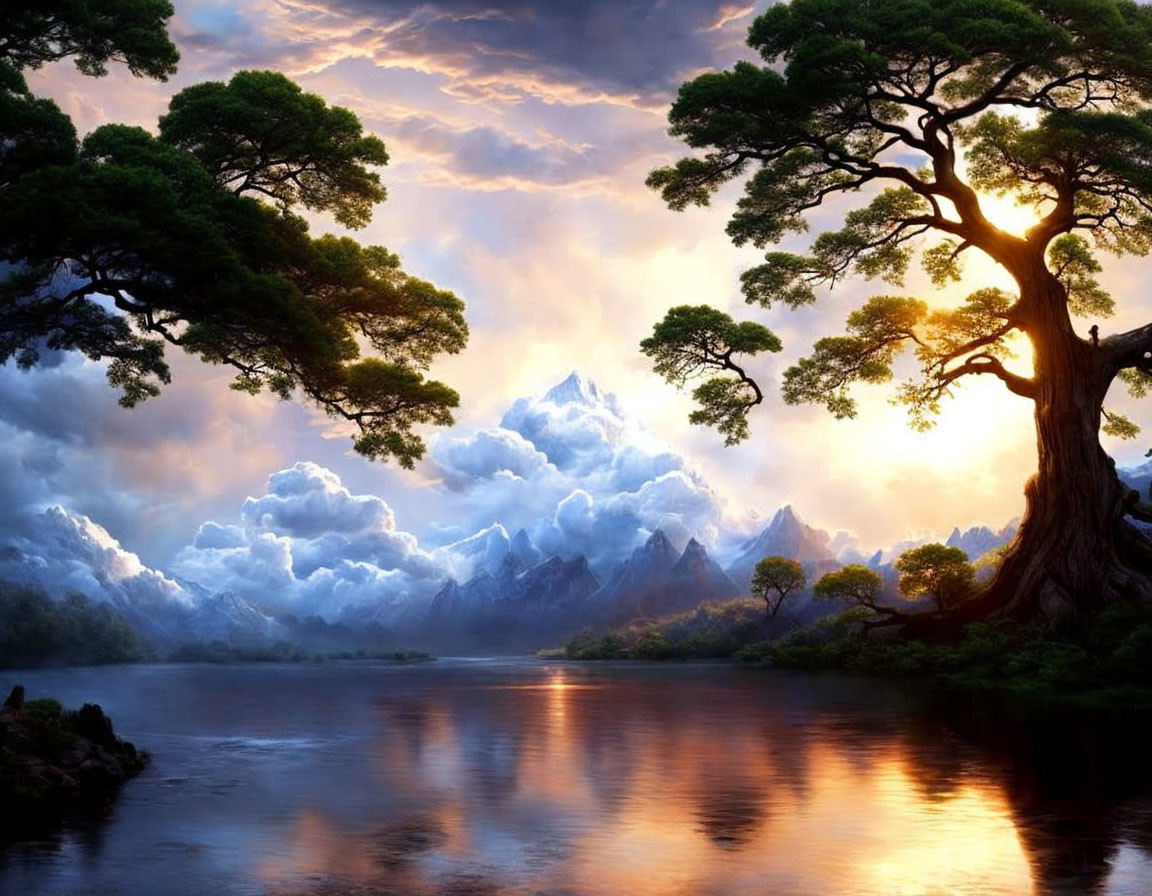 Scenic sunset view of tree, lake, mountains, and dramatic sky