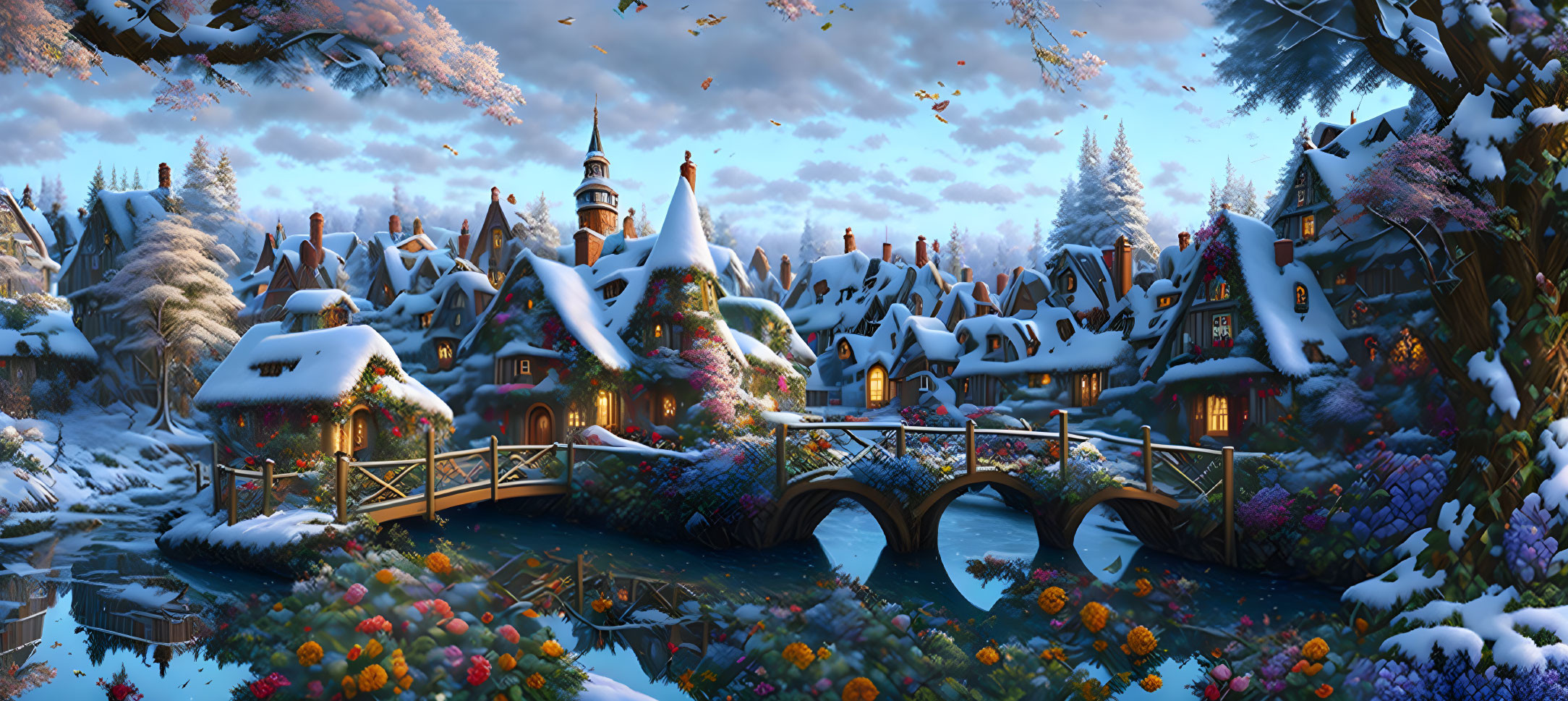 Snow-covered cottages in serene winter village scene with stone bridge, colorful flowers, twilight backdrop.