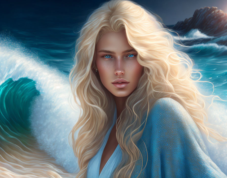 Digital Artwork: Woman with Blonde Hair and Blue Eyes by Ocean Waves