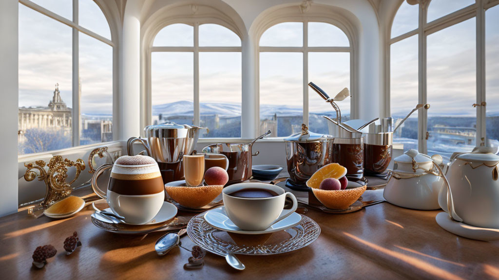 Elegant coffee set with cups, teapot, jug, and fruit on table