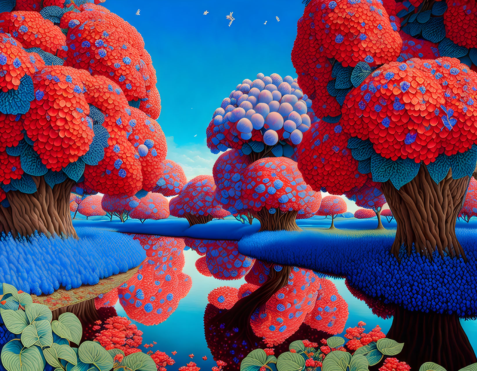 Colorful landscape with red and blue trees reflected in river under blue sky