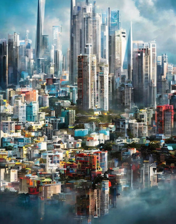 Futuristic cityscape with high-rise buildings in light fog