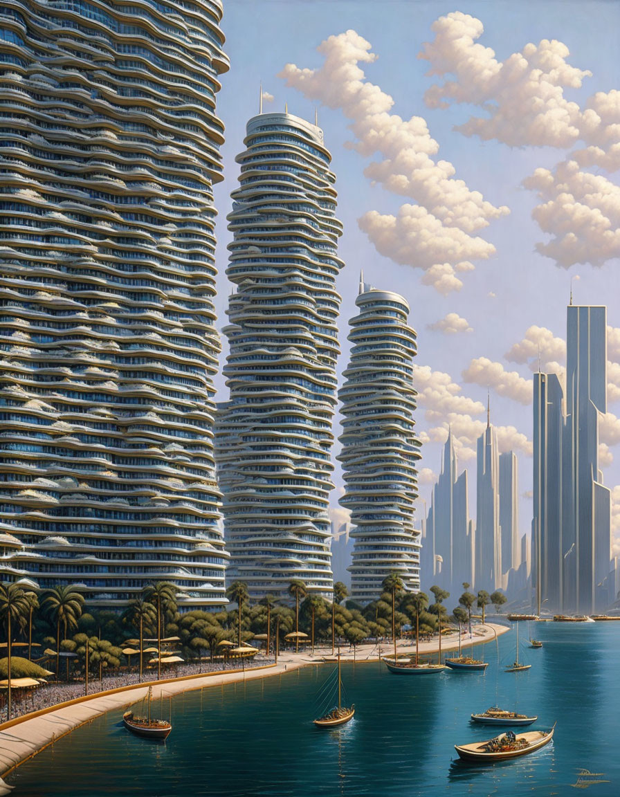 Curved skyscrapers and palm trees in futuristic cityscape