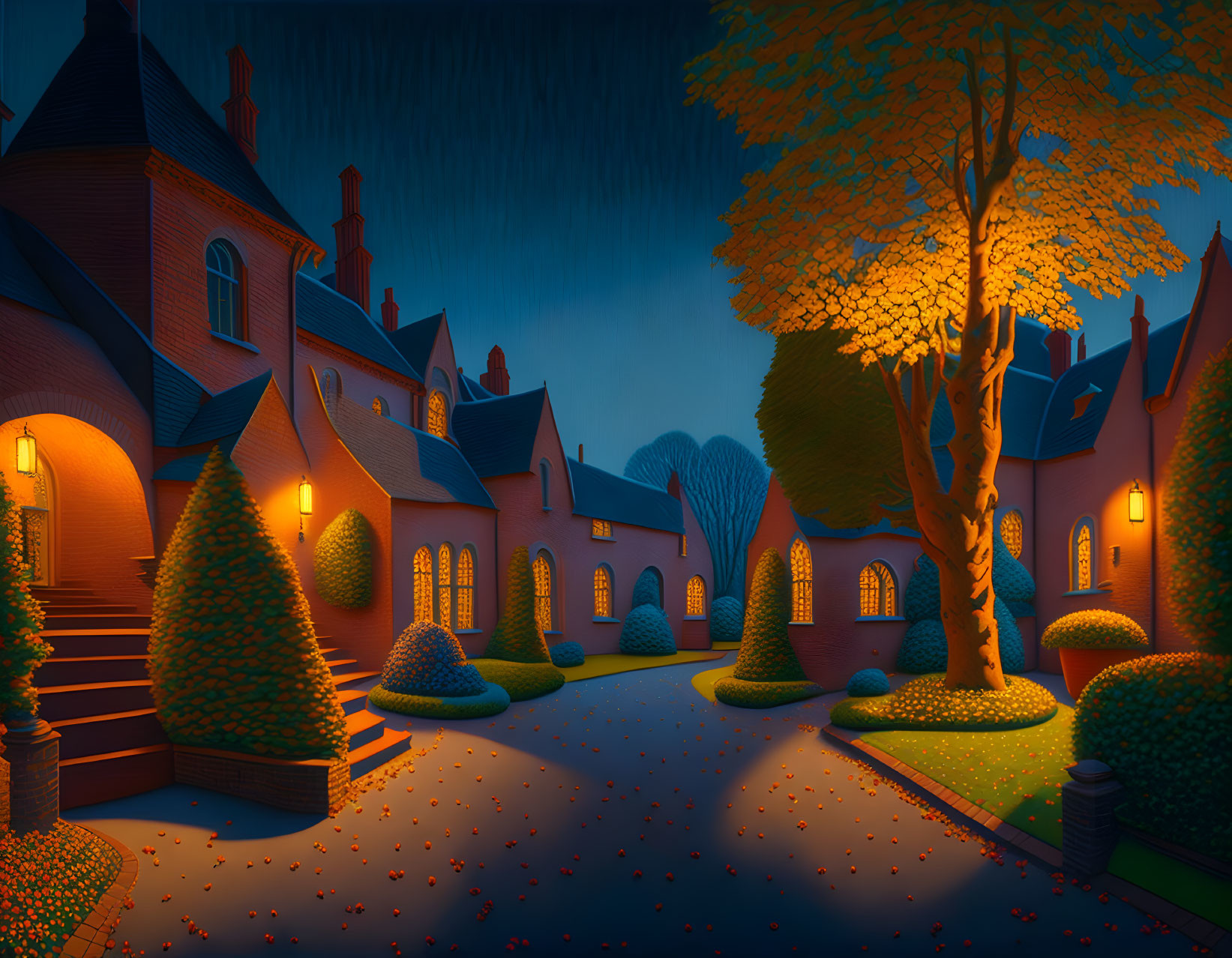 Tranquil nighttime street with charming houses under starry sky