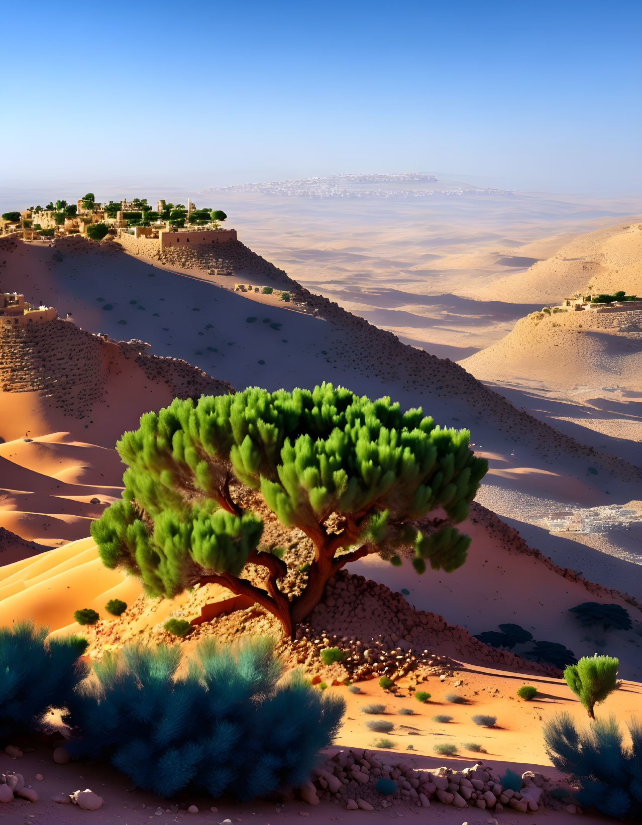 Desert dune landscape with tree, shrubs, cliff, and settlements.