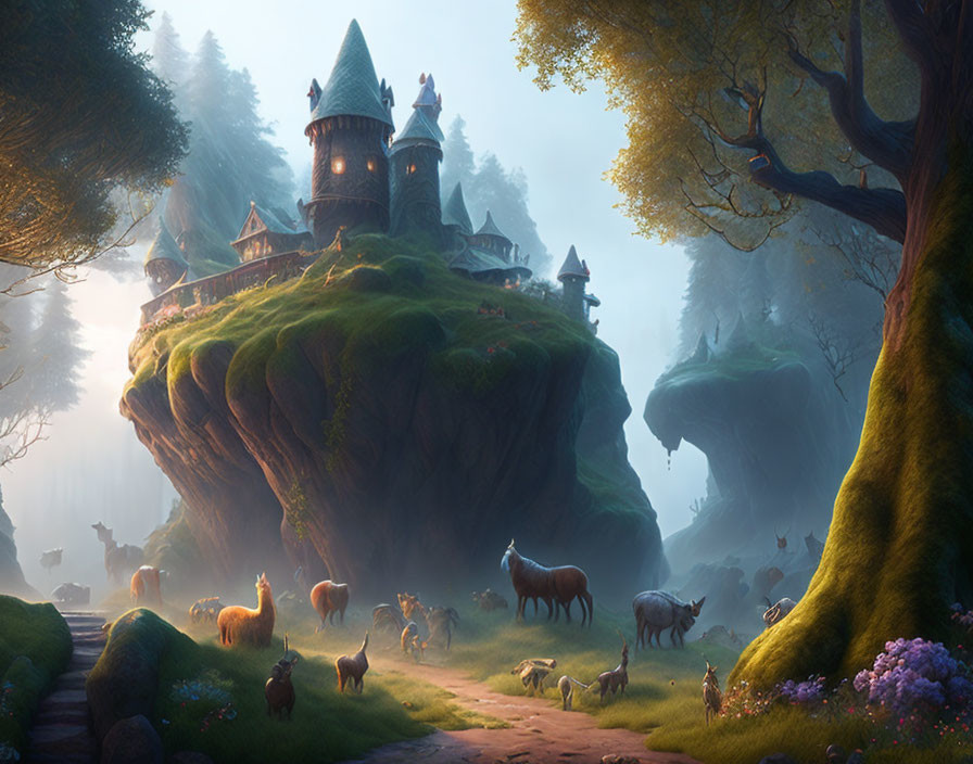 Whimsical castle on verdant cliff with mist, llamas, and towering trees