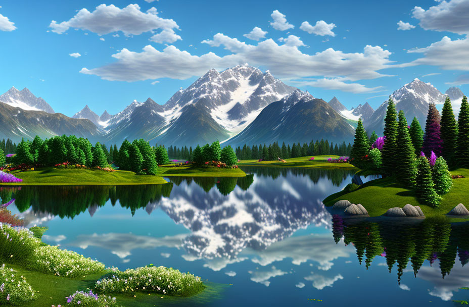 Snow-capped mountains, serene lake, vibrant greenery in a picturesque landscape