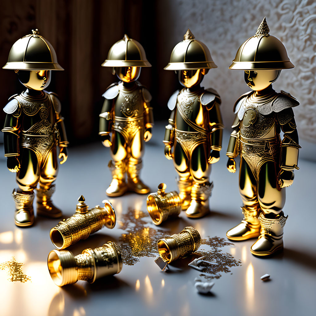 Five shiny golden toy knights and chess pieces on reflective surface