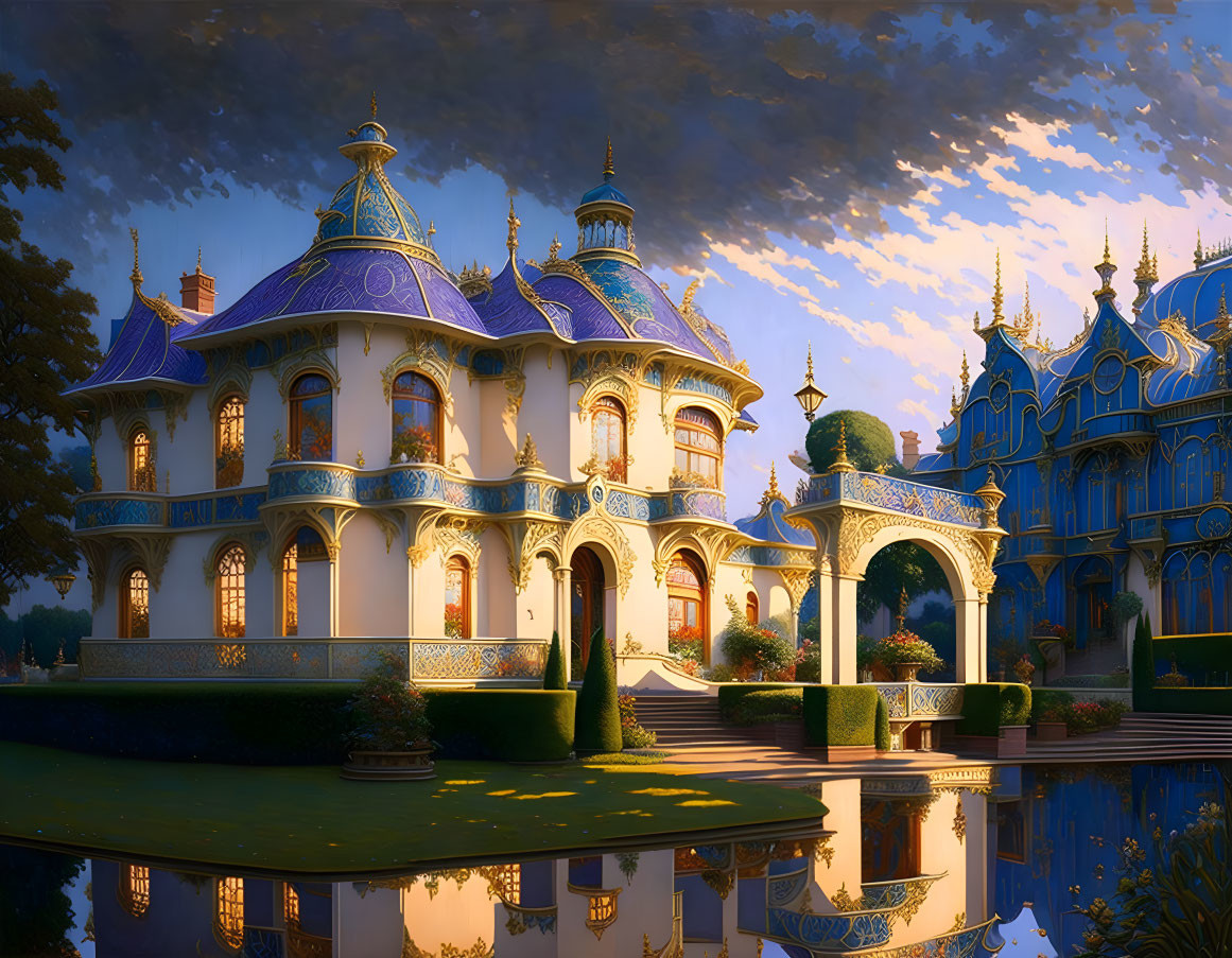 Fantasy castle with blue and gold details in serene garden pond