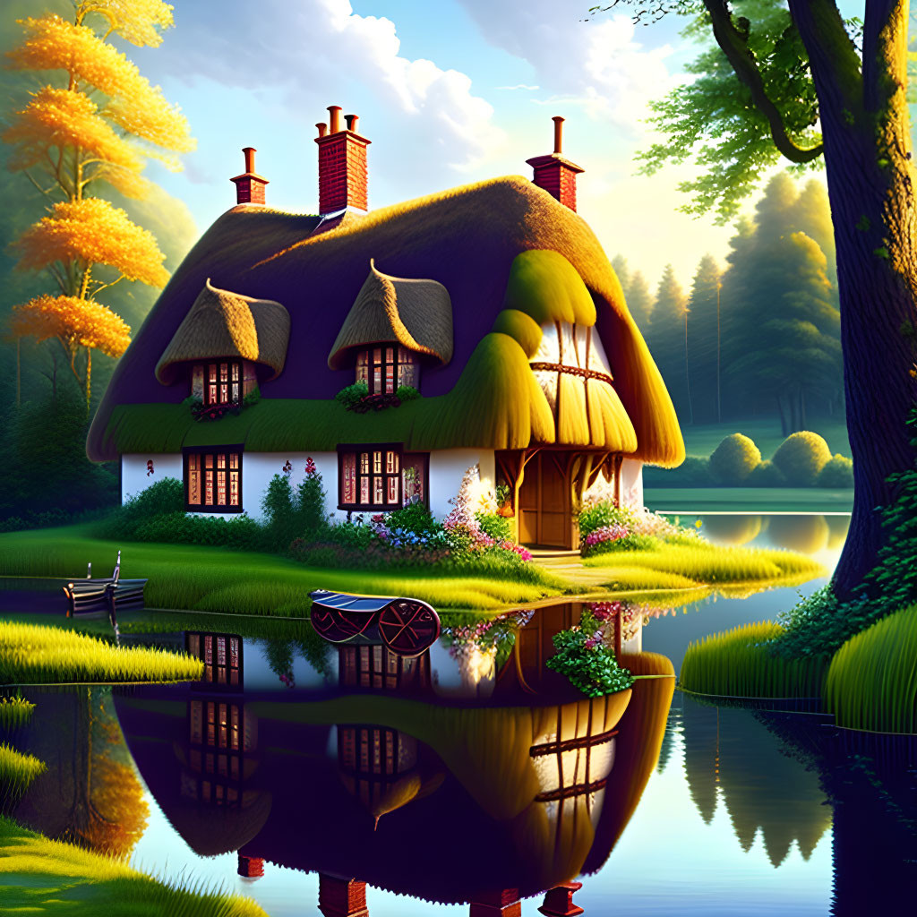 Thatched Cottage by Tranquil Lake with Lush Surroundings