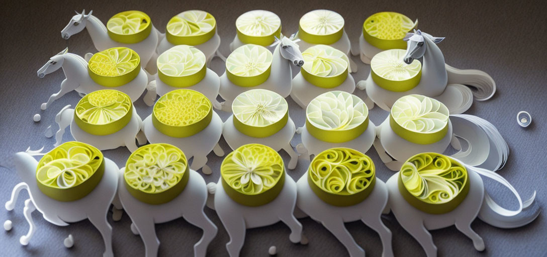 Intricate Quilled Paper Art: Unicorns and Citrus Fruits in Shaded Layout