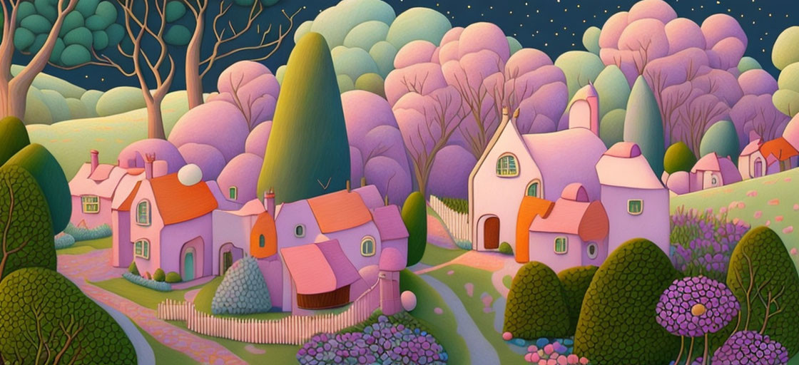 Colorful Stylized Landscape Painting with Houses, Hills, Trees, and Starry Sky