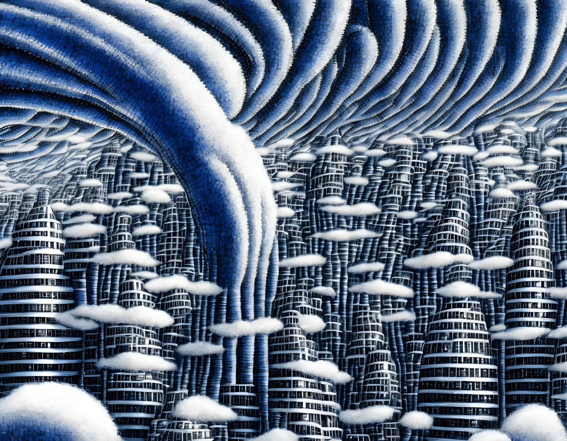 Surreal fractal art: Blue curvy structures in snowy landscape