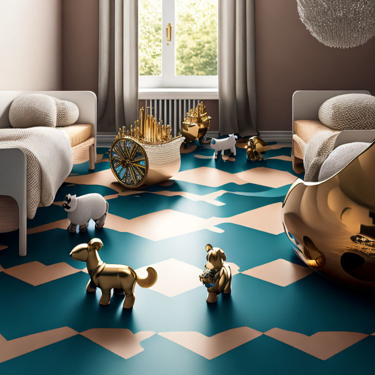 Room with Gold and White Animal Decor, Ship, Hexagonal Blue Floor, Two Beds, Tree View