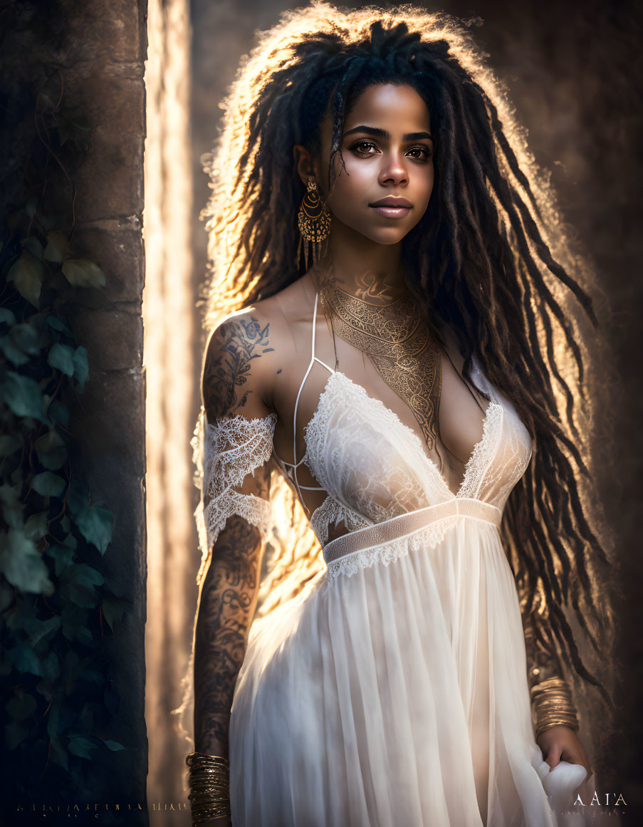 Curly-haired woman with tattoos in white lace dress under soft lighting