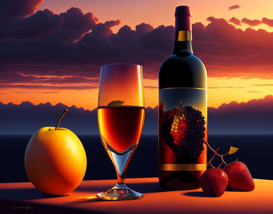 Glass of Wine, Bottle, Apple, and Strawberries in Sunset Still Life