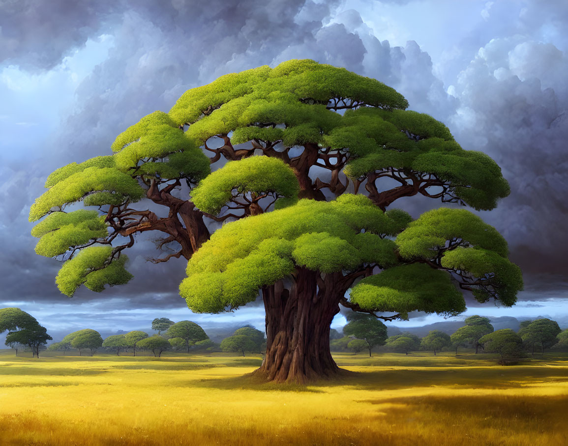 Majestic large tree in sunlit savanna with cloudy sky