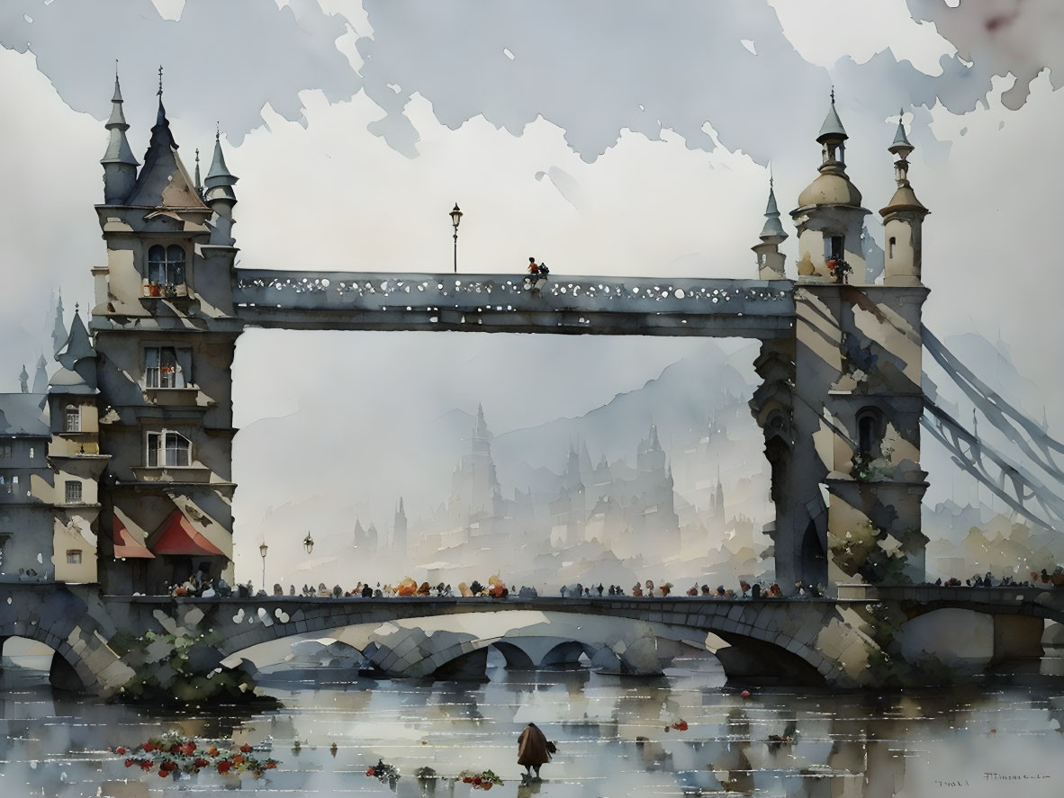 Elegant bridge with spires over river in European watercolor.