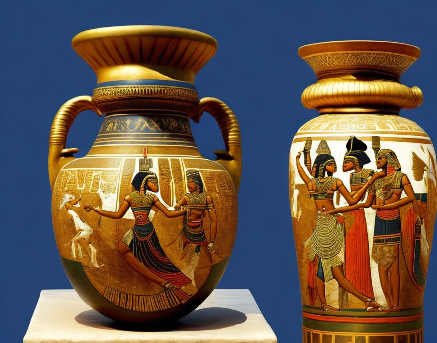 Ancient Egyptian-style vases with hieroglyphics on blue background