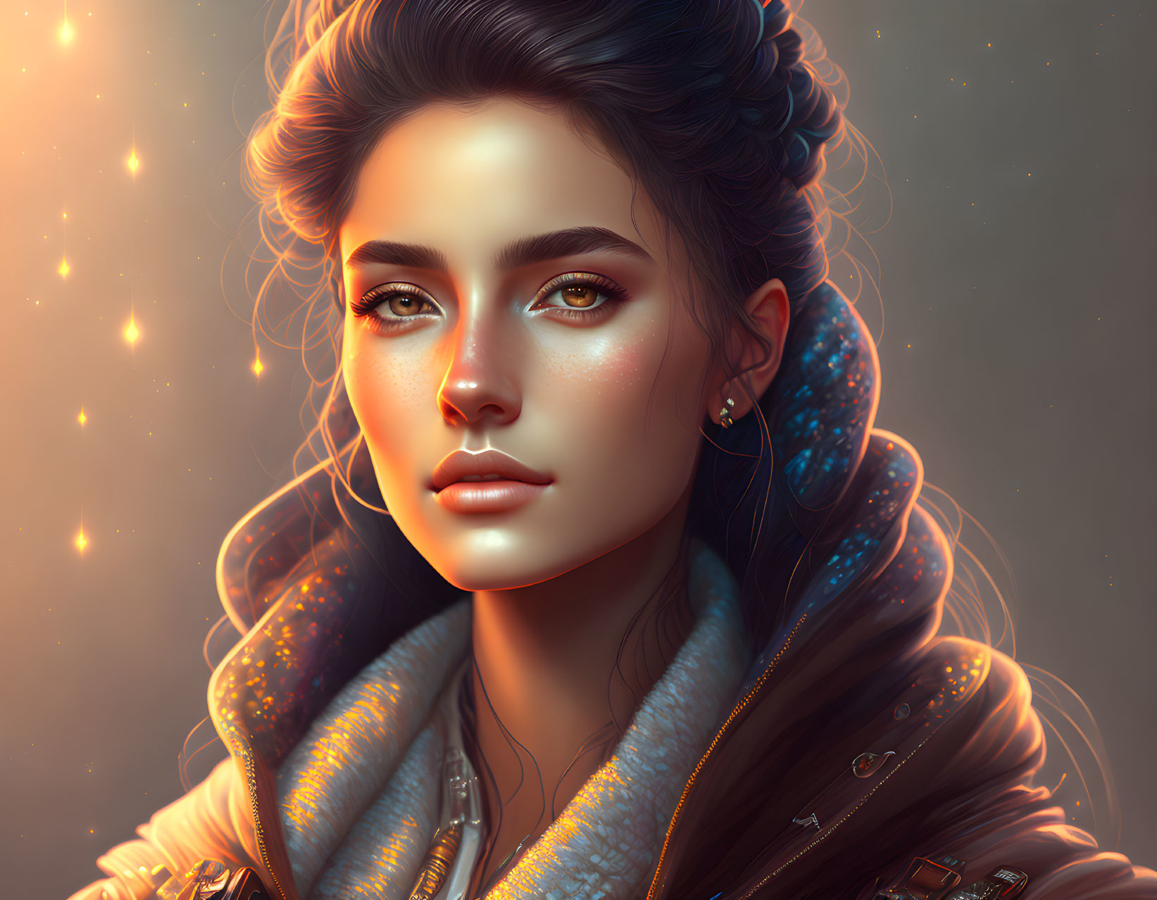 Portrait of woman with green eyes, glowing skin, dark hair, cosmic and sparkly accents