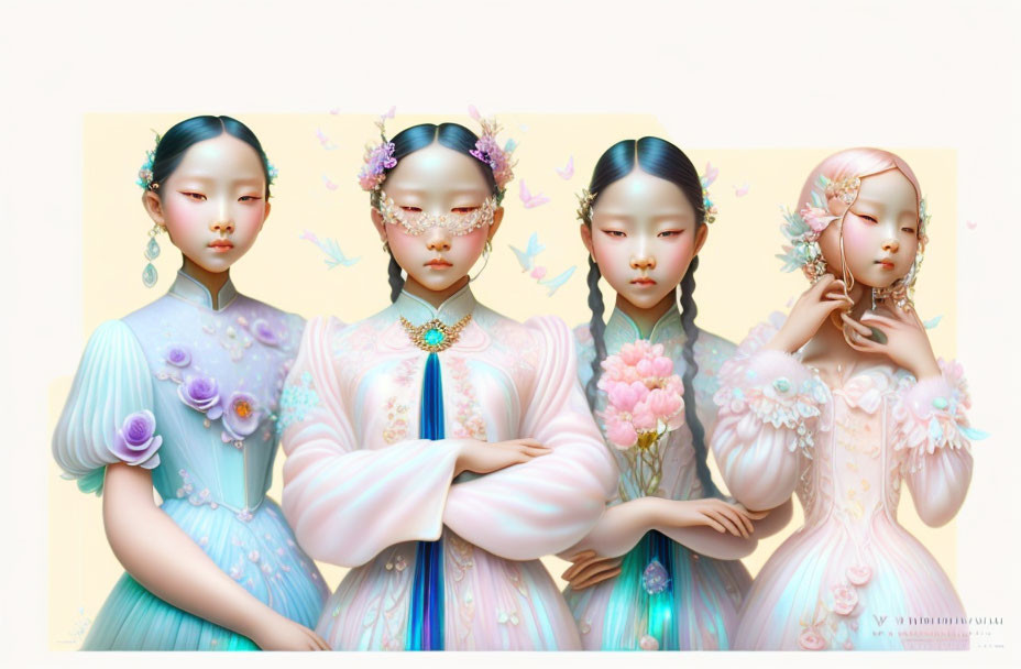 Four ethereal female figures in pastel-colored traditional Asian attire and floral accessories