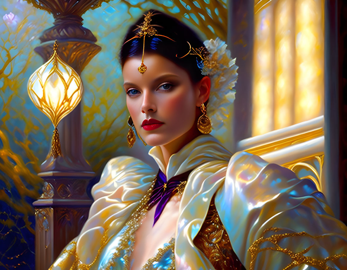 Regal woman with striking blue eyes in opulent gold jewelry and luxurious outfit gazes pensively by