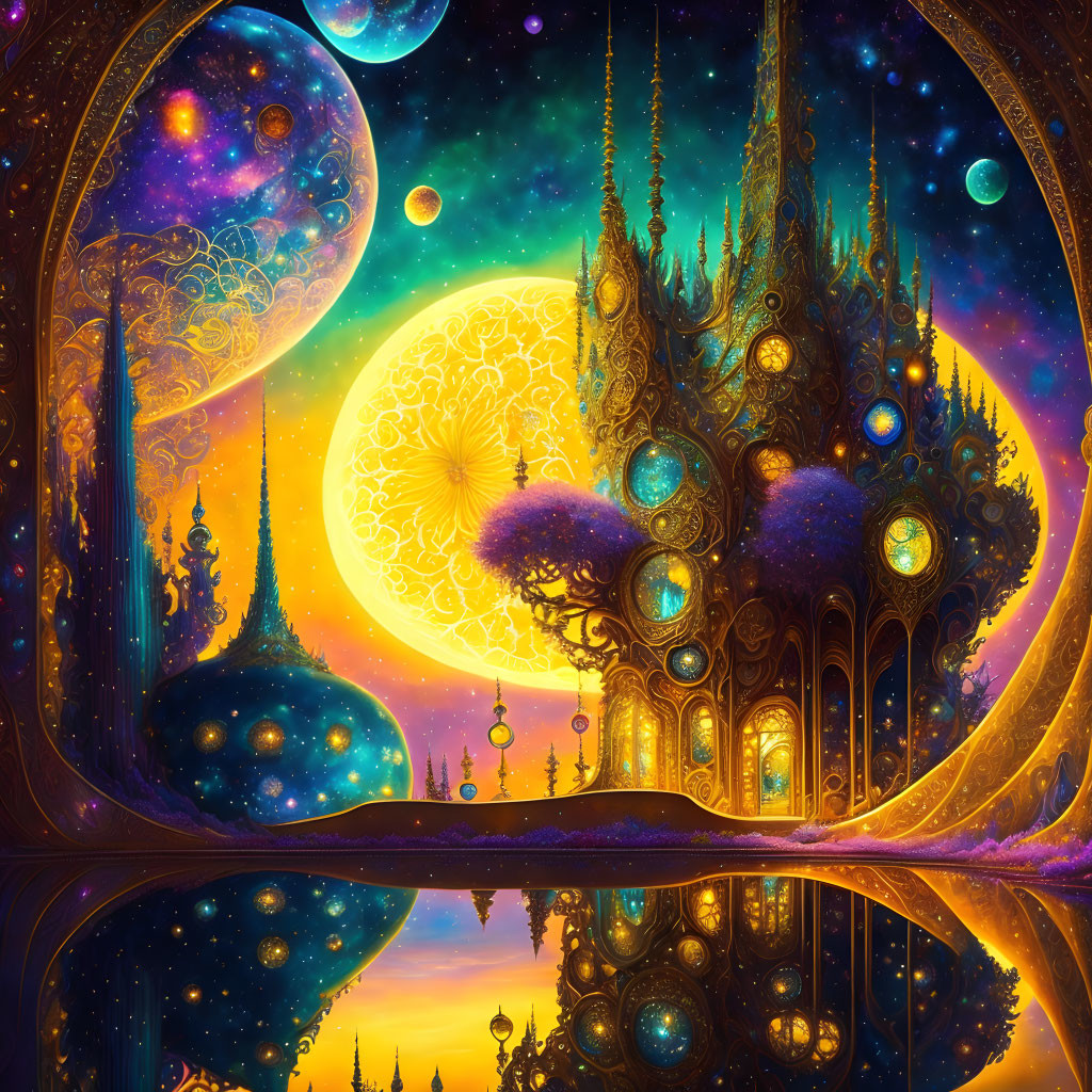 Fantasy landscape with golden structures and cosmic backdrop