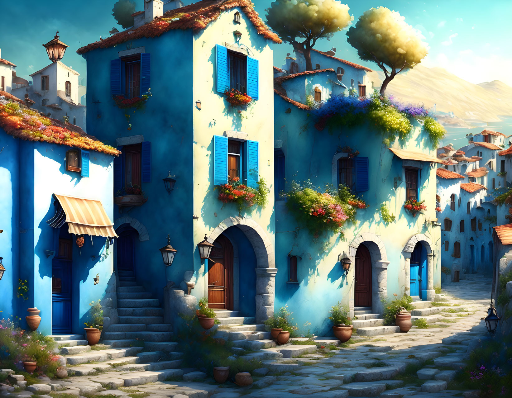 Cobblestone Street with Blue Houses and Flowers